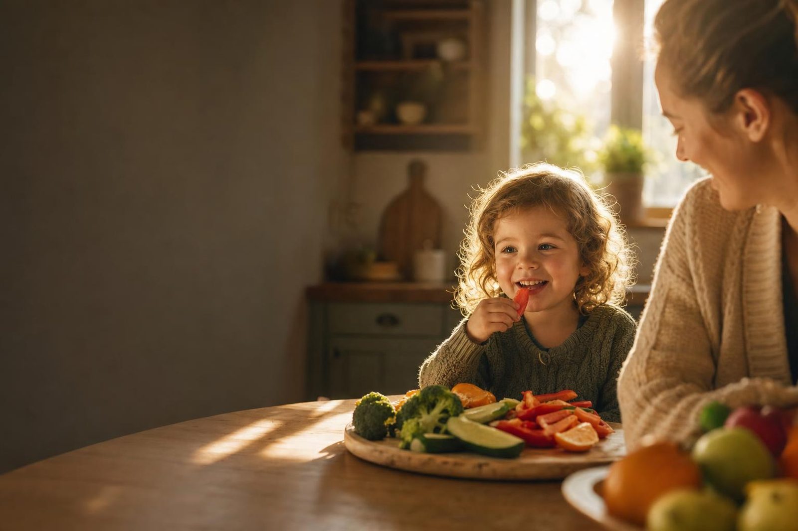 A happy young child enjoying colourful vegetables at a warm, sunlit family kitchen table