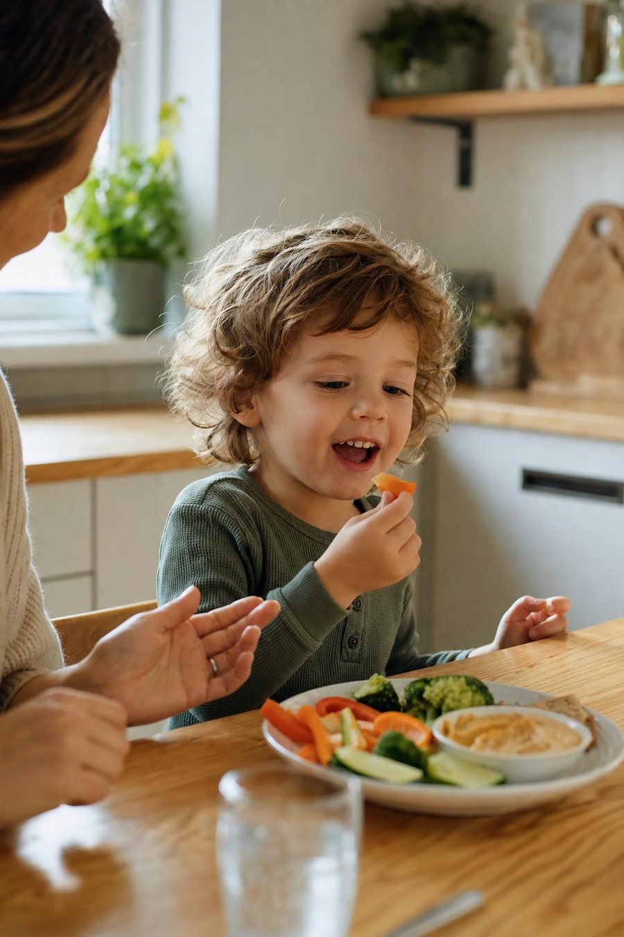 A happy young child curiously tasting a piece of vegetable at a calm family mealtime